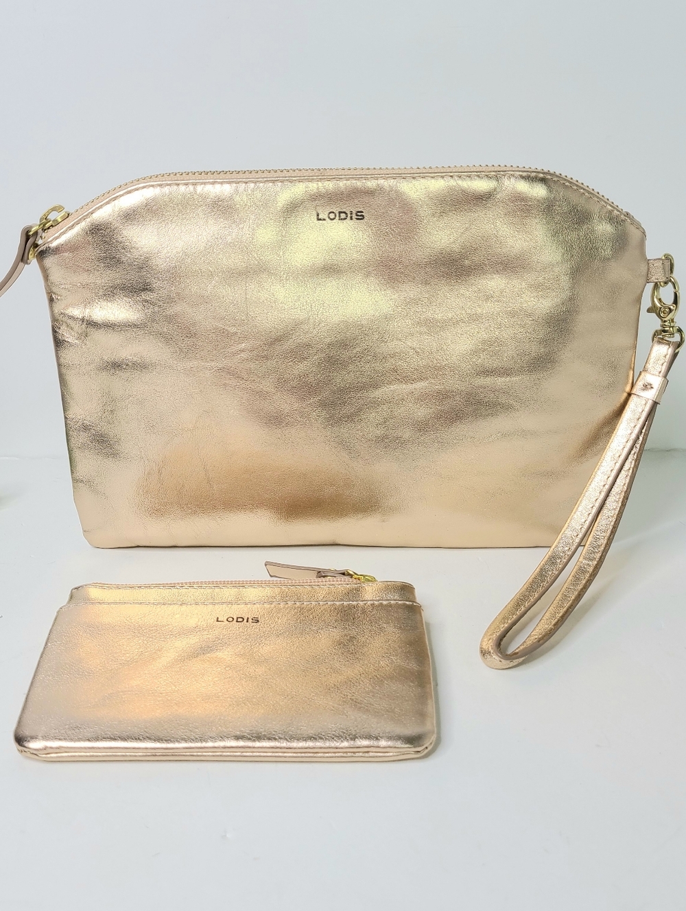 Lodis Rose Gold Metallic Clutch Wristlet Coin Purse Genuine Leather Bag Set